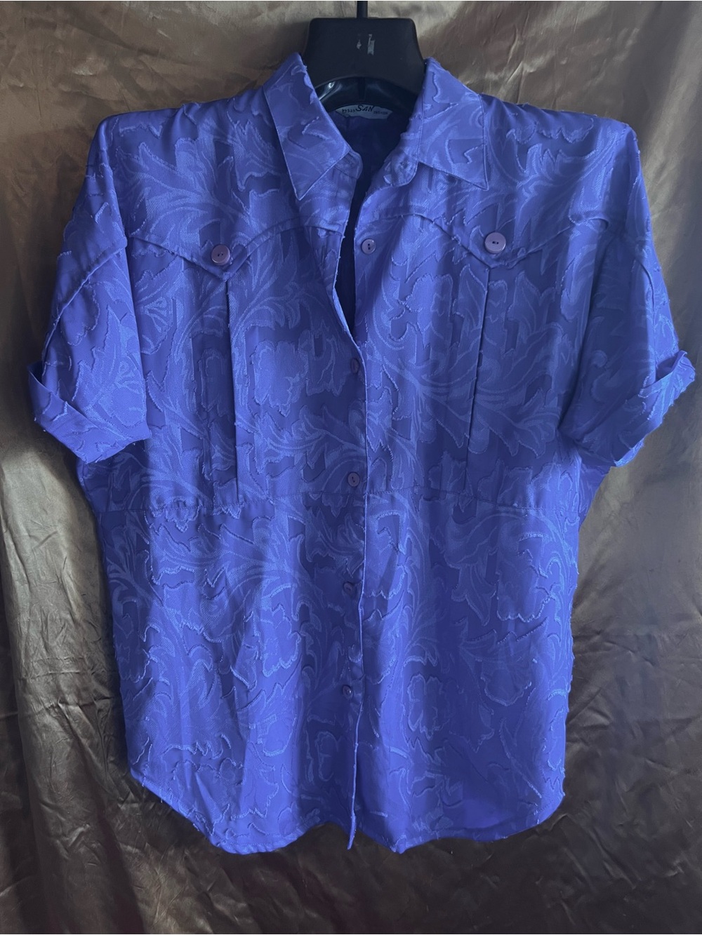 Vintage 80s Purple Jacquard Short-Sleeve Blouse